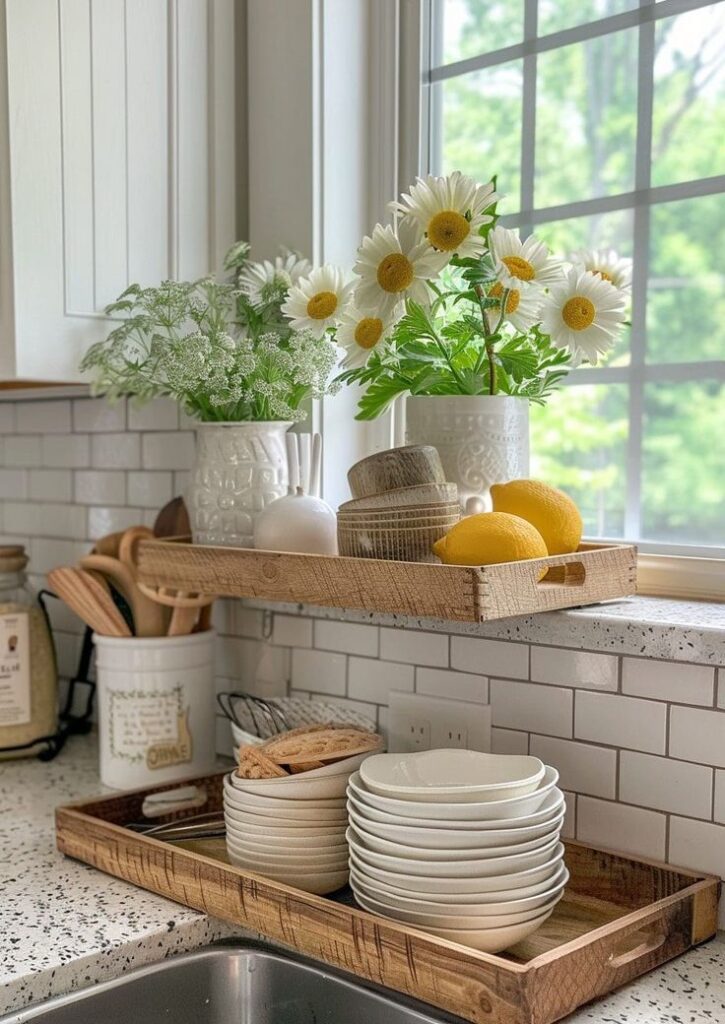 Cozy kitchen window with daisy flowers, lemons, and stacked white plates on wooden trays, enhancing a rustic charm.