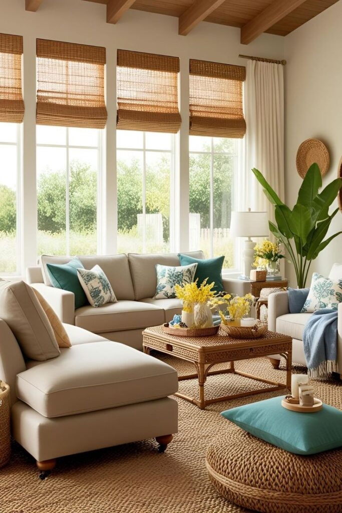 Bright living room with beige sofas, teal cushions, large windows, and wicker furniture. Cozy, natural design.