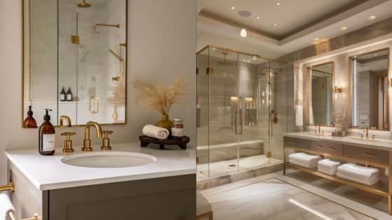 Brushed Brass Tapware Adding a Hint of Style and Sophistication to Your Bathroom Luxurious bathroom with marble tiles, gold fixtures, and a spacious shower area for a modern, elegant look. | Sky Rye Design Luxurious bathroom with marble tiles, gold fixtures, and a spacious shower area for a modern, elegant look.