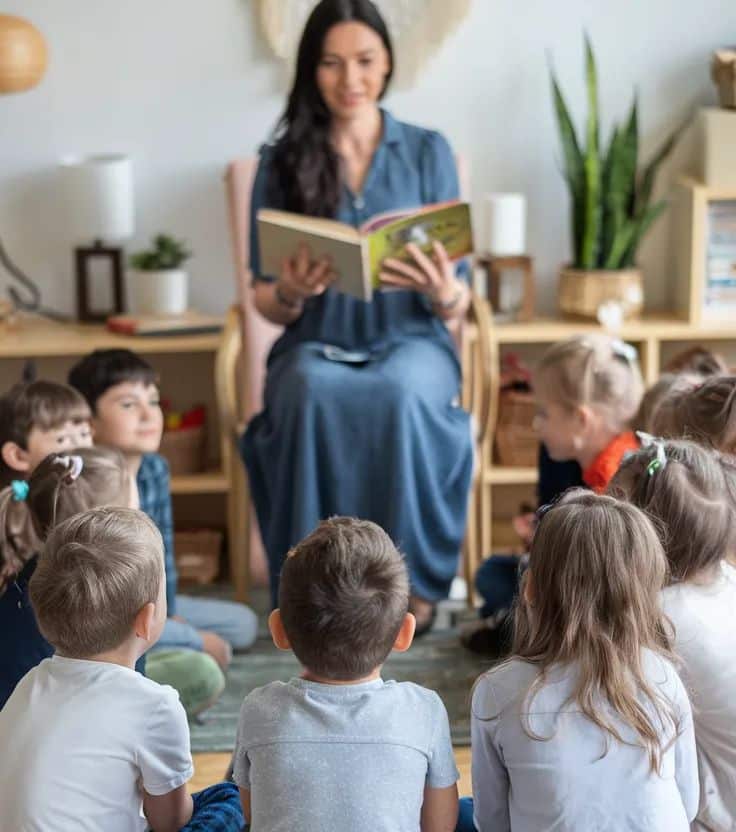 Teacher reading a book to attentive children in a classroom circle, educational storytime session.