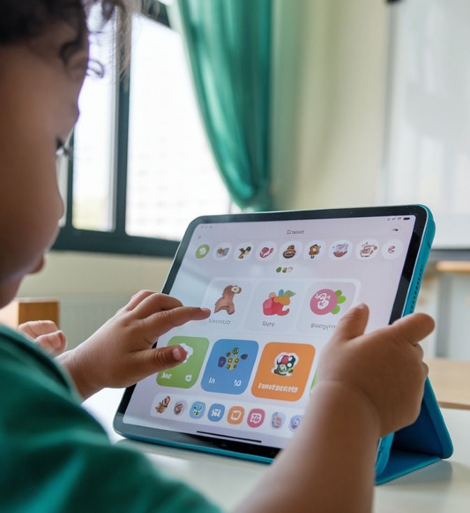 Child interacting with educational app on tablet, playing and learning in a bright room.