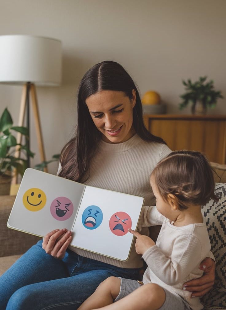 Mother and child learning emotions with a book of smiley faces on a cozy sofa.