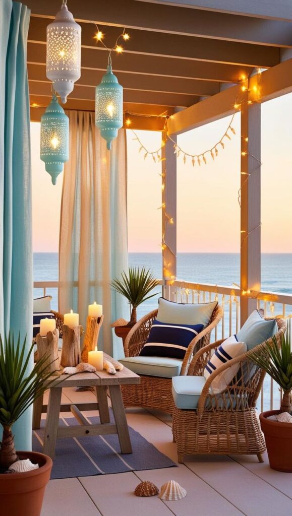 Cozy beachside patio with wicker chairs, candles, lanterns, and string lights overlooking sunset ocean view.