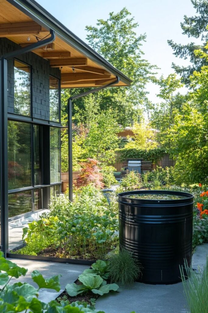 Modern garden with lush foliage and a black rain barrel next to a house with large windows and wooden roof.