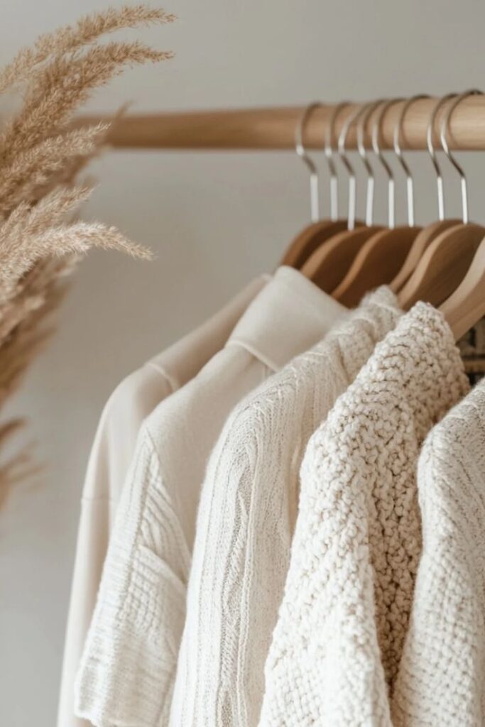 Neutral-tone sweaters on wooden hangers with pampas grass decor, creating a cozy and minimalistic aesthetic.