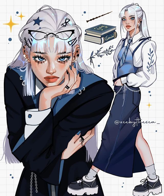 Stylish girl with white hair and blue outfit; illustrations of books and wand in the background.