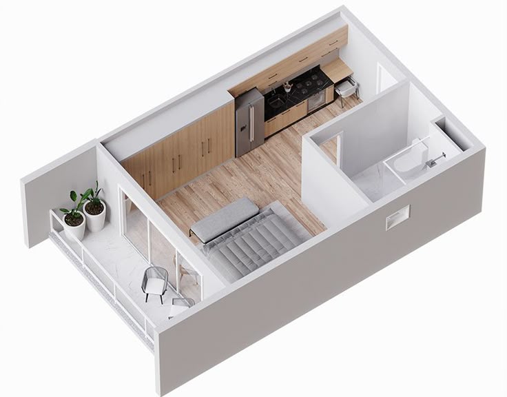 Isometric view of a modern studio apartment layout with kitchen, living area, and bathroom.