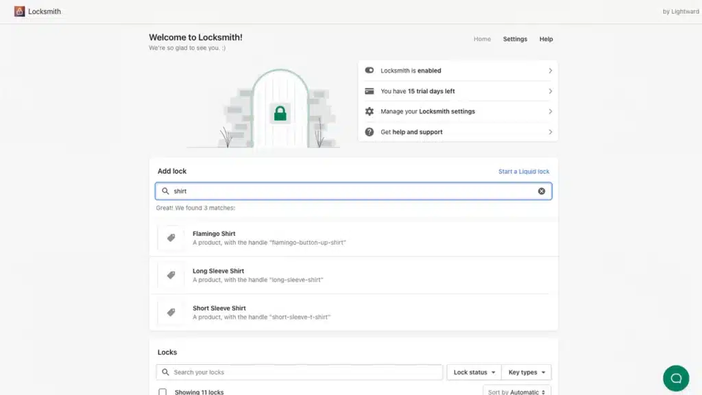 Locksmith dashboard interface showing lock settings and search results for shirt products.