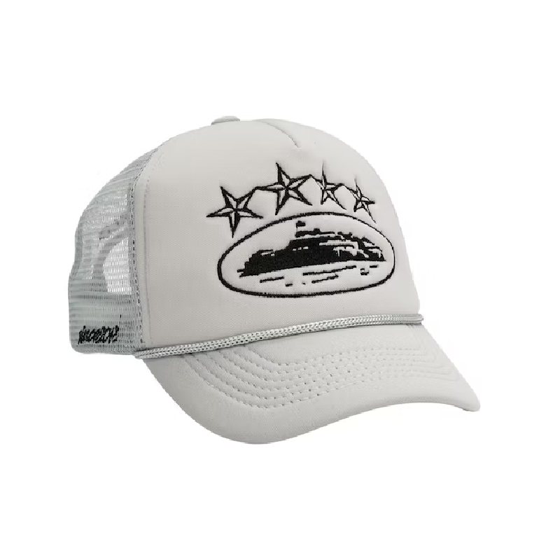 White mesh cap with black embroidered UFO design and five stars, ideal for casual style and sun protection.