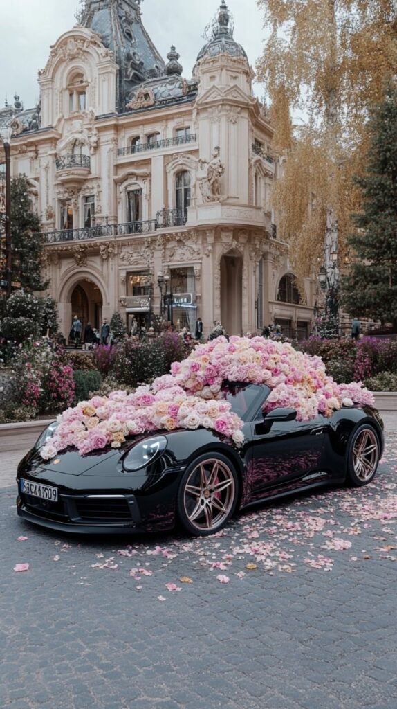 Luxury black convertible adorned with pink and white flowers in front of an ornate historic building.
