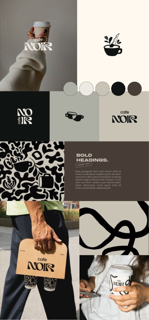Cafe Noir Branding _ Kathlyn Jarvis Design Modern cafe branding design with coffee cup, logos, and brown palette from Cafe Noir. | Sky Rye Design Modern cafe branding design with coffee cup, logos, and brown palette from Cafe Noir.