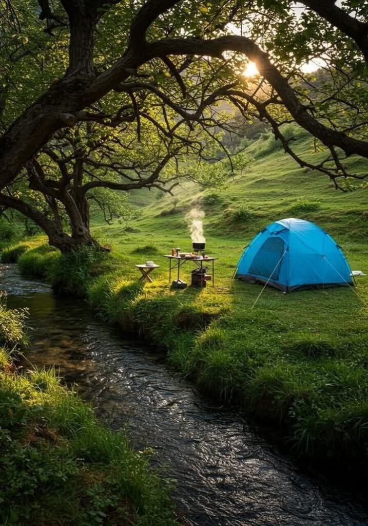 Blue tent by a stream under trees with a campfire at sunset, perfect serene outdoor camping spot.