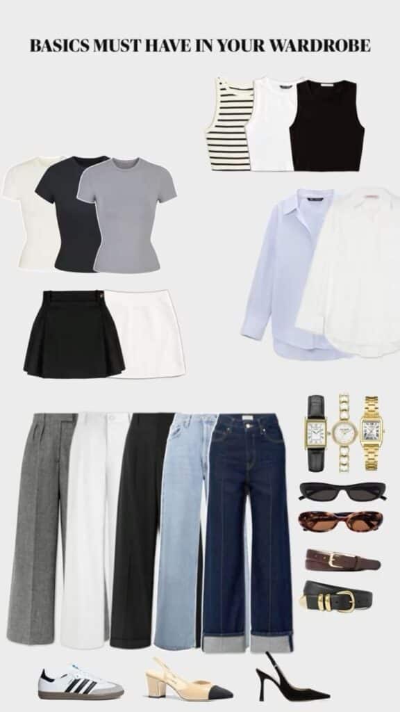 Wardrobe essentials: basic tops, skirts, pants, jeans, watches, sunglasses, belts, and shoes for versatile styling.