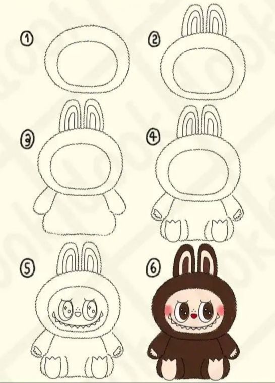 Drawing tutorial: Step-by-step guide to sketch a cute, cartoon bunny character with facial details and color.