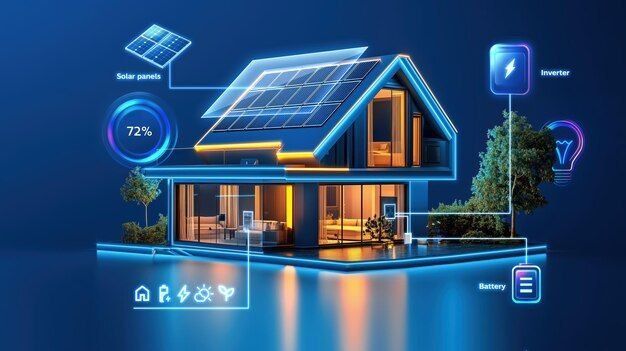 Smart home with solar panels, inverter, and battery storage, showcasing energy efficiency and renewable technology integration.