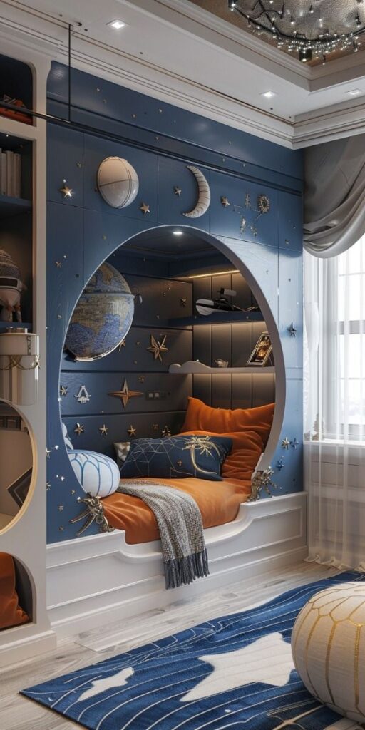 Space-themed kids' bedroom with cozy bed, blue walls, stars, planets decor, and a celestial design rug.
