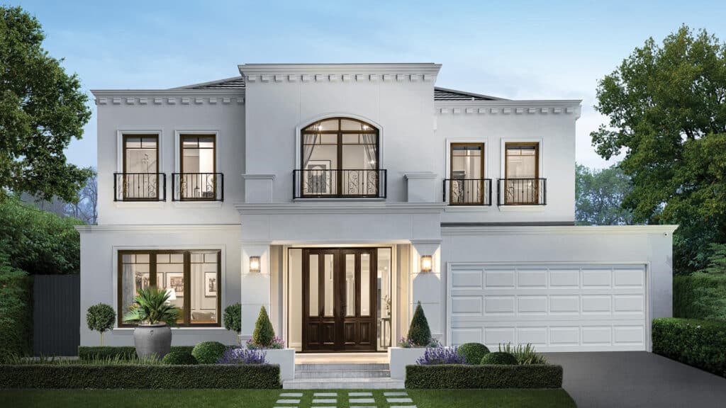 Elegant two-story white house with manicured garden and large wooden front door, surrounded by greenery.