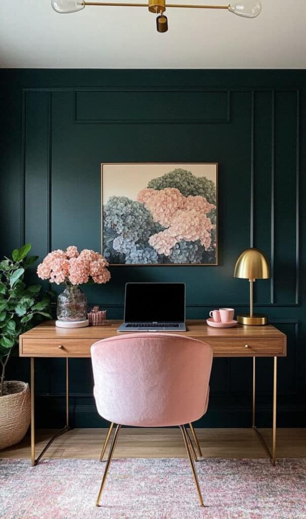 Chic Bedroom Office with Green Walls Floral Accents | Sky Rye Design