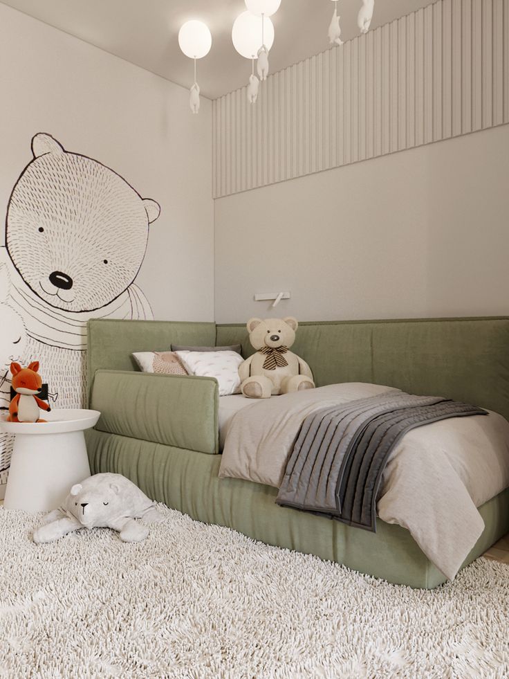 Cozy children's bedroom with plush toys, green bed, and bear wall mural, featuring soft lighting and a white rug.