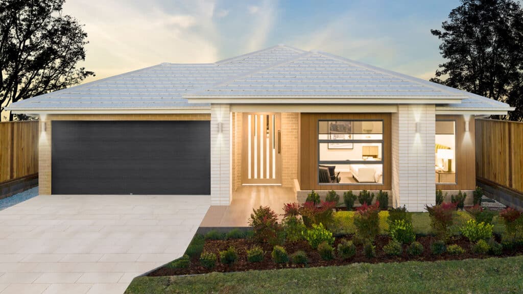 Chisholm-Fairmont Modern single-story home with lit entrance, large garage, and landscaped front yard at dusk. | Sky Rye Design Modern single-story home with lit entrance, large garage, and landscaped front yard at dusk.