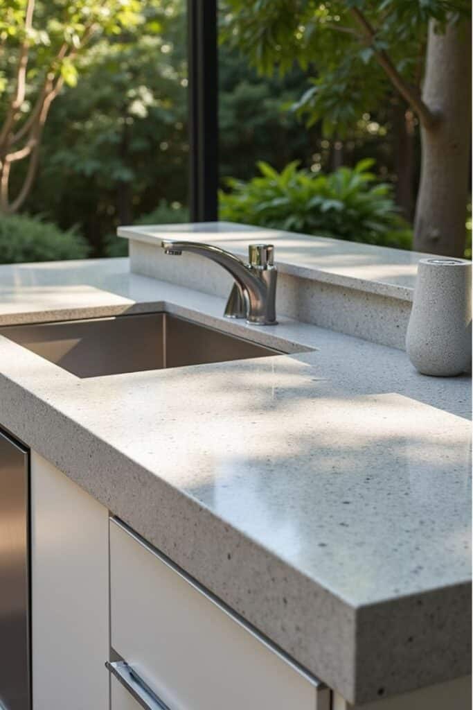 Modern kitchen sink with sleek countertop in sunlit space, set against a lush garden background.