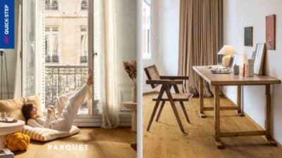 Cozy room with parquet flooring, featuring a relaxing lounge and a minimalist home office setup.