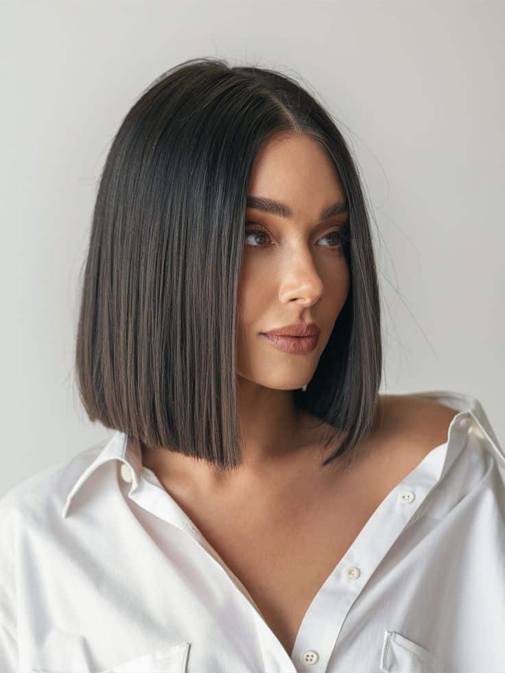 Woman with sleek bob haircut wearing white blouse, looking sideways against neutral background.
