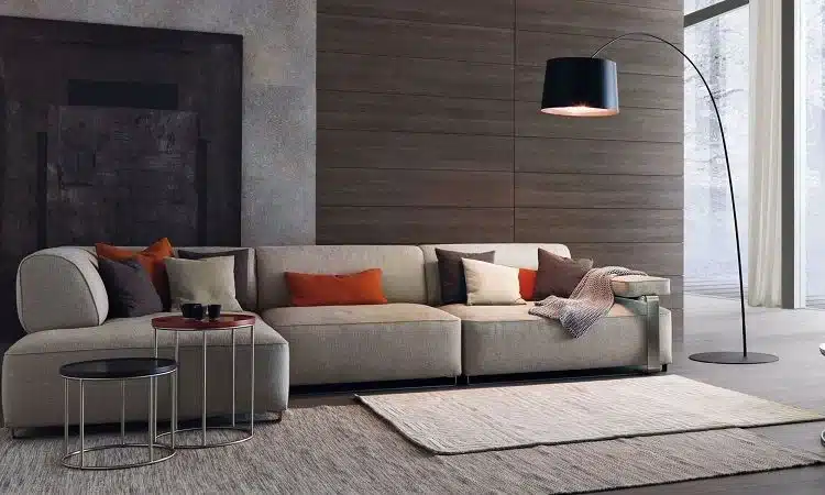 Modern living room with cozy beige sofa, colorful cushions, and a stylish floor lamp in a minimalist design.