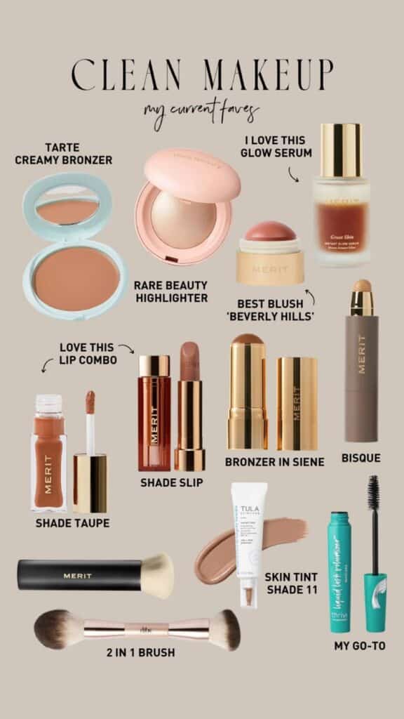 Clean makeup favorites including Tarte bronzer, Rare Beauty highlighter, Merit serum, blush, and brushes.