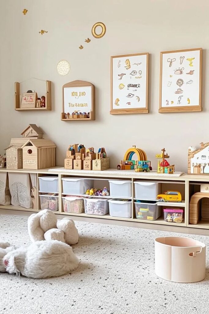 Children's playroom with organized storage, toys, and wall art for a fun and tidy learning space. Girls Kids Room Design