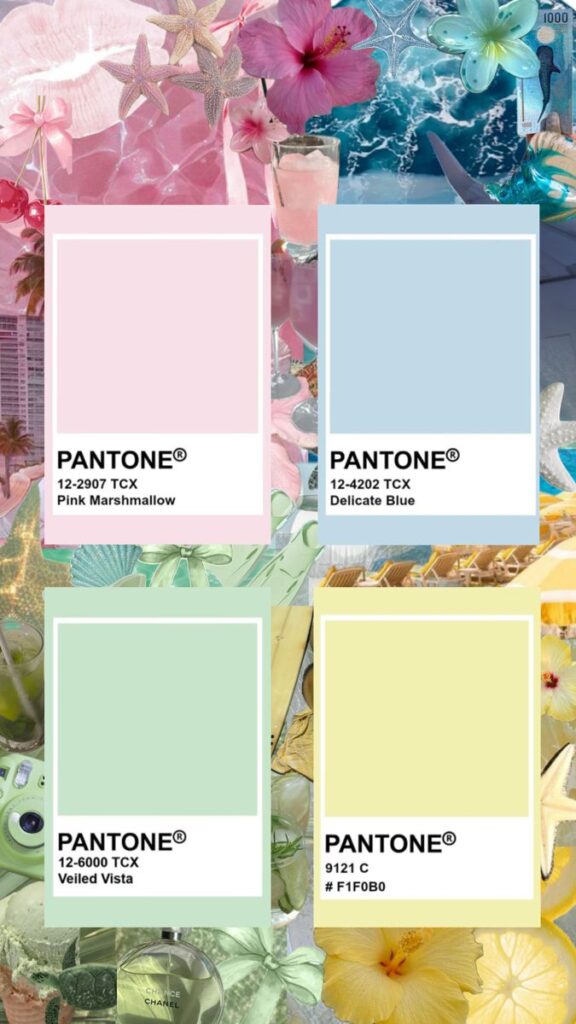 Colorful Pantone swatches: Pink Marshmallow, Delicate Blue, Veiled Vista, and #F1F0B0 on vibrant tropical backdrop.