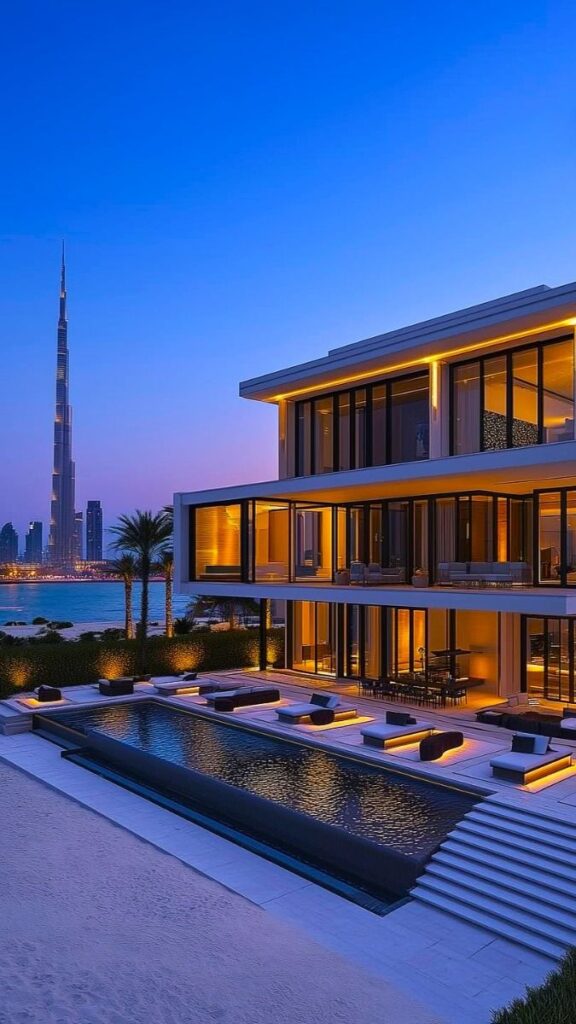 Modern luxury villa and pool at dusk, with city skyline and skyscraper in the background.
