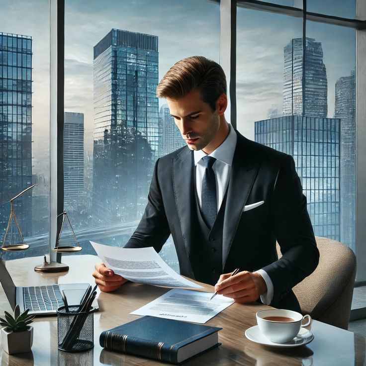 Commercial Real Estate Attorney in Illinois Businessman in suit reviewing documents in a modern office with a cityscape view. | Sky Rye Design Businessman in suit reviewing documents in a modern office with a cityscape view.