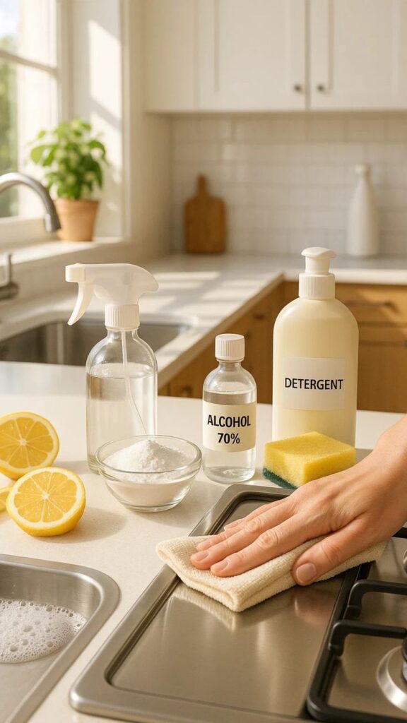 Cleaning kitchen stove with detergent, sponge, alcohol, baking soda, and lemon for effective hygiene and freshness.