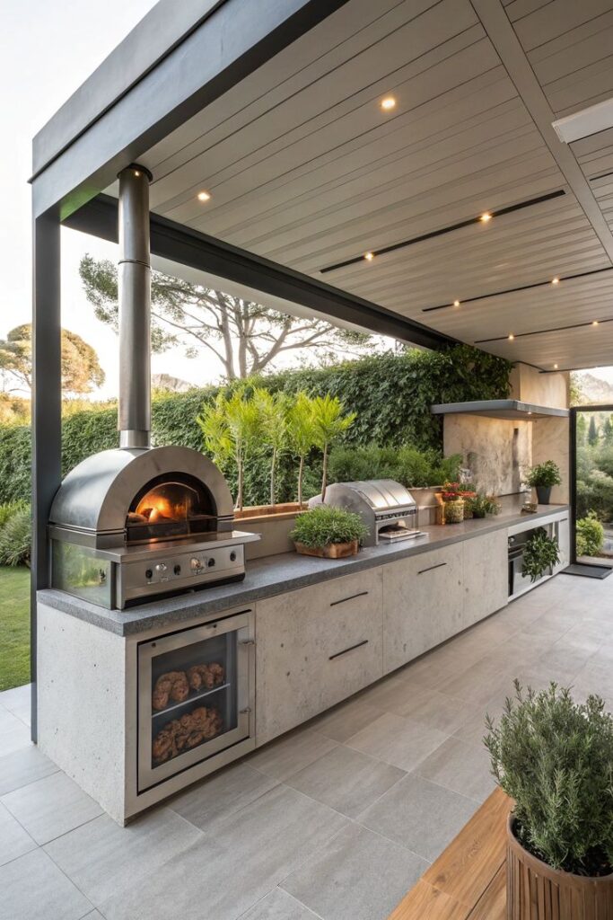Modern outdoor kitchen with pizza oven, grill, and plants, under a stylish patio with lighting, overlooking a garden.