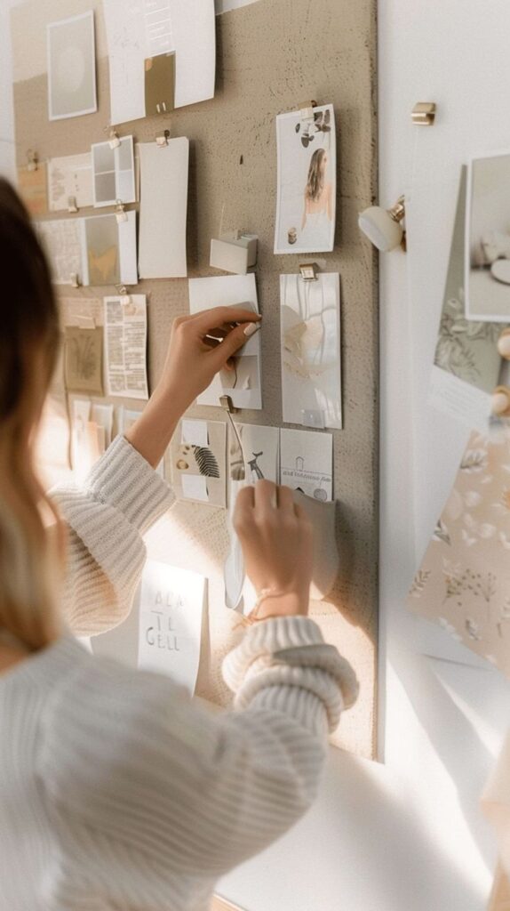A person creating an inspirational mood board with photos and notes on a creative workspace wall.