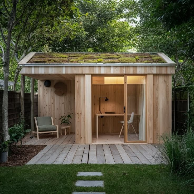 Converting a Shed into a Home Office _ Home Depot Shed to Office _ Building a Home Office Shed Wooden garden office with a green roof, surrounded by trees, featuring cozy seating and a desk inside. | Sky Rye Design Wooden garden office with a green roof, surrounded by trees, featuring cozy seating and a desk inside.