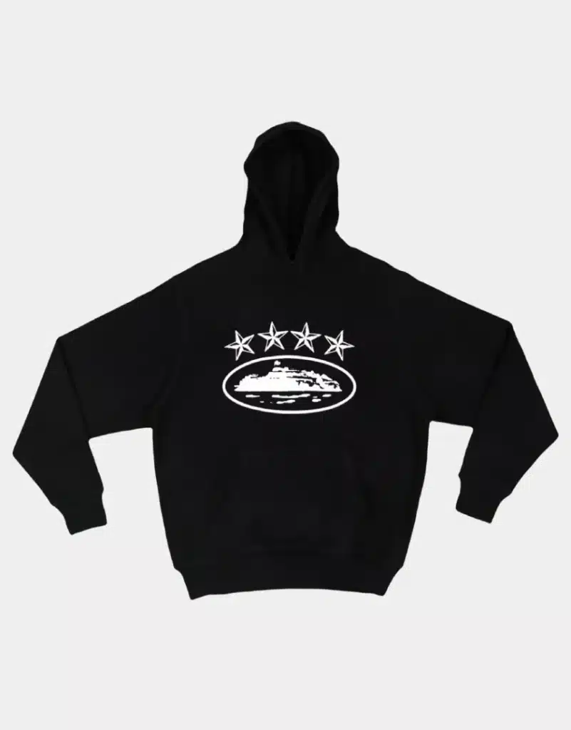Corteiz-4Starz-Alcatraz-Hoodie-Black-1-860x1099 Black hoodie with white star and ship design, perfect for casual wear. Cozy and stylish streetwear fashion. | Sky Rye Design Black hoodie with white star and ship design, perfect for casual wear. Cozy and stylish streetwear fashion.