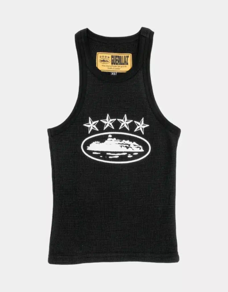 Corteiz-4Starz-Alcatraz-Womens-Tank-Top-2-860x1099 Black tank top with stars and mountain design, featuring a Guerilla tag, perfect for casual and streetwear fashion. | Sky Rye Design Black tank top with stars and mountain design, featuring a Guerilla tag, perfect for casual and streetwear fashion.