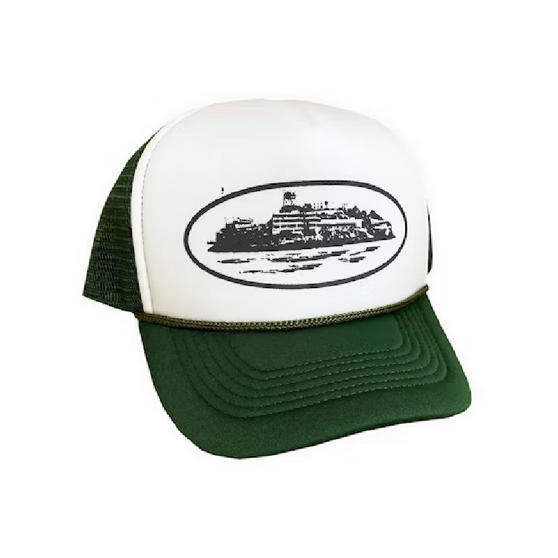 Green and white trucker hat featuring a black ship graphic on the front panel.
