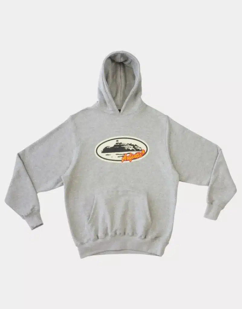 Gray hoodie with Authentic logo, featuring a printed landscape design. Comfortable streetwear fashion.