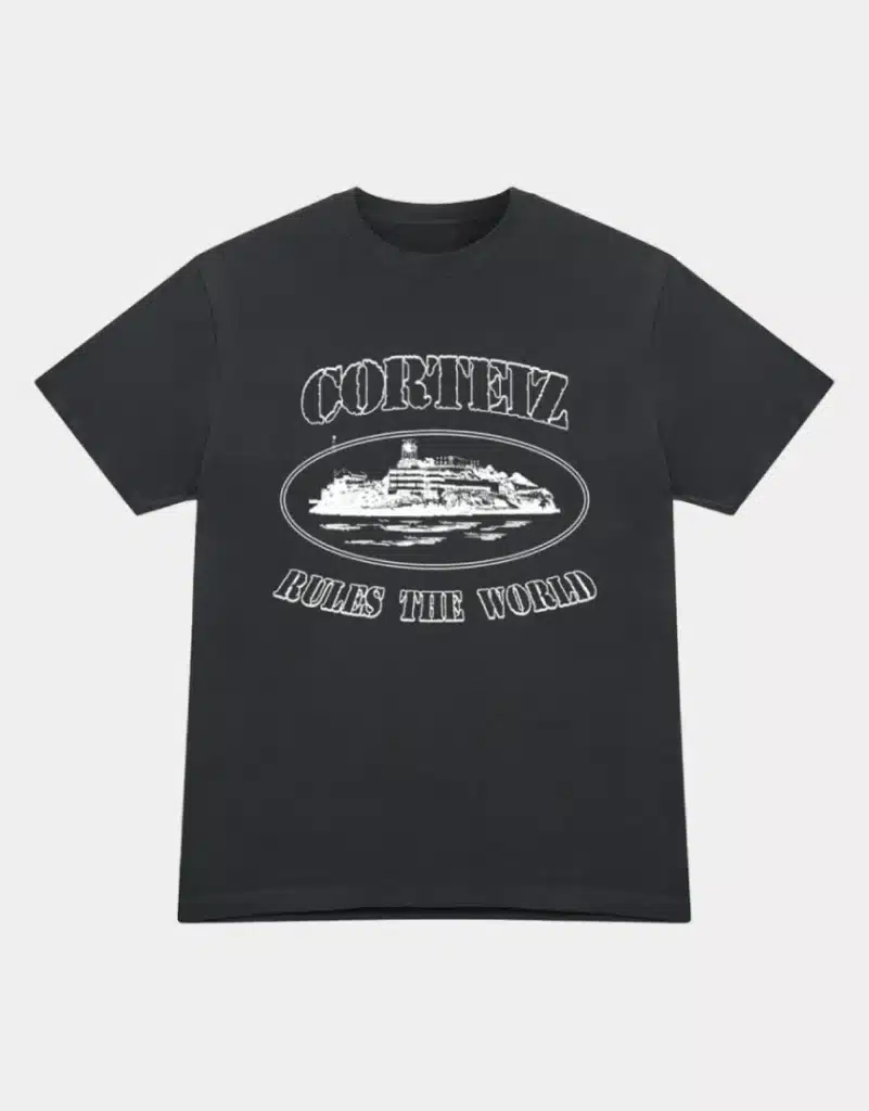 Black T-shirt with Corteiz Rules the World text and ship graphic design on front.