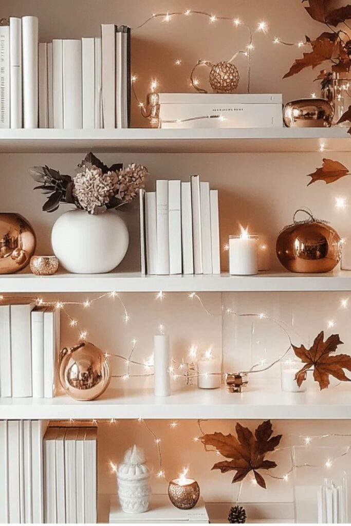 Cozy bookshelf with white decor, string lights, fall leaves, and candles creating a warm autumn ambiance.