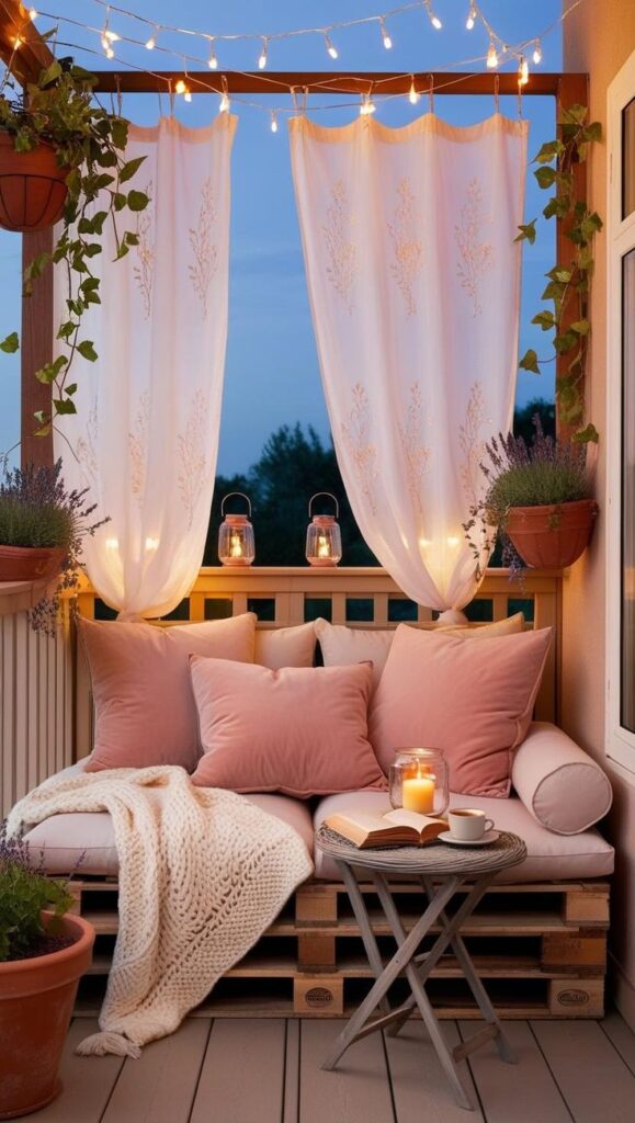 Cozy balcony with plush pink pillows, candles, and string lights for a perfect evening relaxation spot.