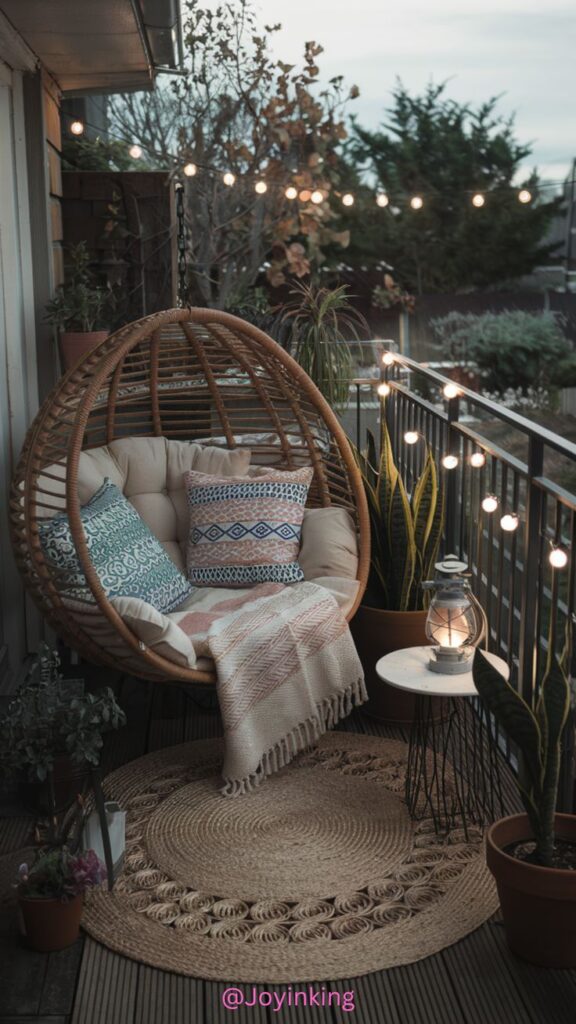 Cozy balcony with a wicker egg chair, cushions, and string lights for a serene evening retreat.