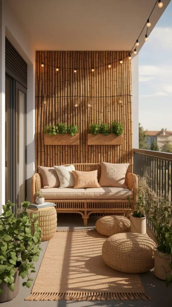 Cozy bamboo-themed balcony with rattan furniture, plants, and string lights creating a relaxing outdoor space.
