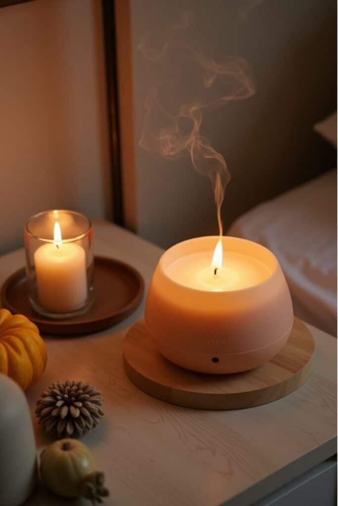 Cozy evening scene with a lit candle and autumn decor on a bedside table, creating a warm and inviting atmosphere.