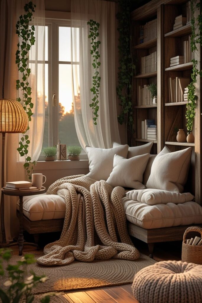 Cozy reading nook with pillows and blanket, surrounded by shelves and a sunset view, creating a warm, inviting atmosphere.