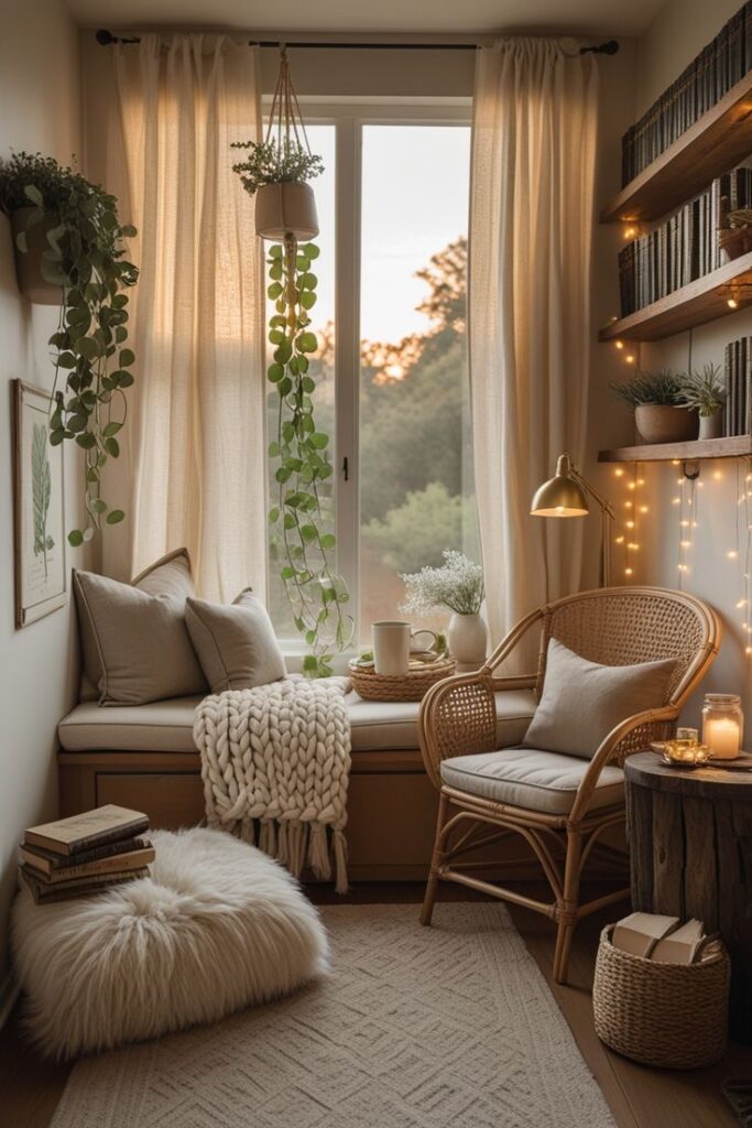 Cozy reading nook with natural light, fluffy pillows, books, plants, and warm lighting for a serene, inviting atmosphere.
