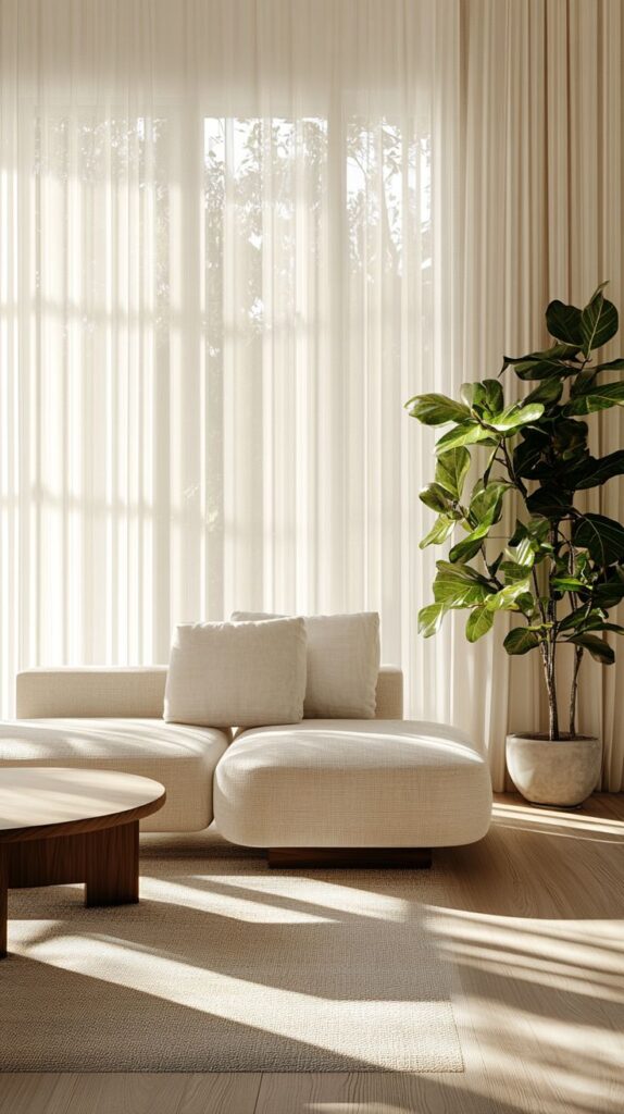 Modern living room with a beige sofa, indoor plant, and sheer curtains filtering sunlight. Minimalist interior design.